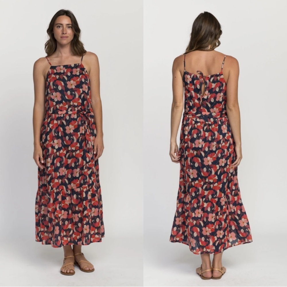 Trovata Cecile Square Neck Maxi Dress Navy Floral Print Ramie Cotton
